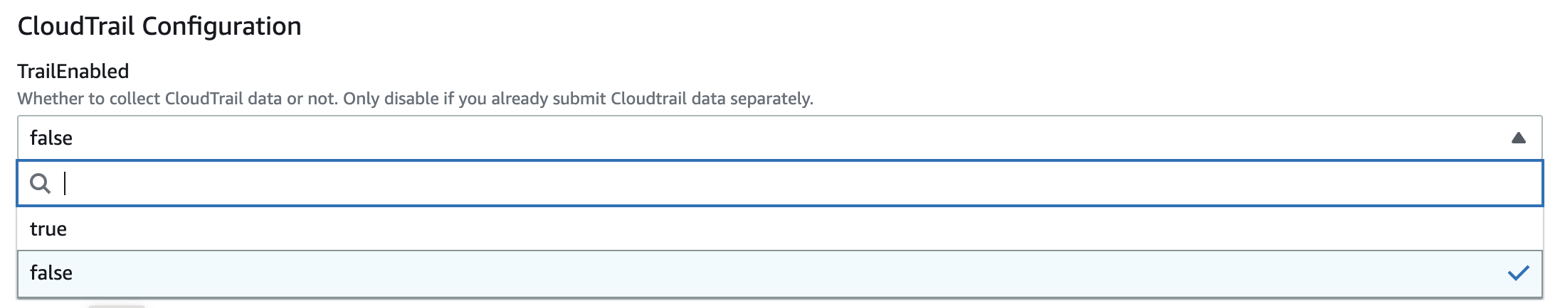 CloudFormation Configuration in the AWS Console. In the TrailEnabled dropdown, select "false".