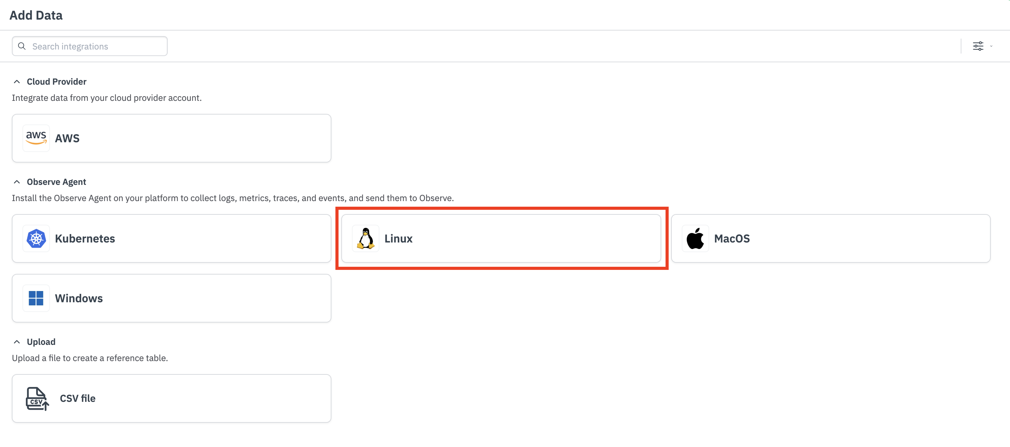 This image shows the Linux panel on the Add Data portal