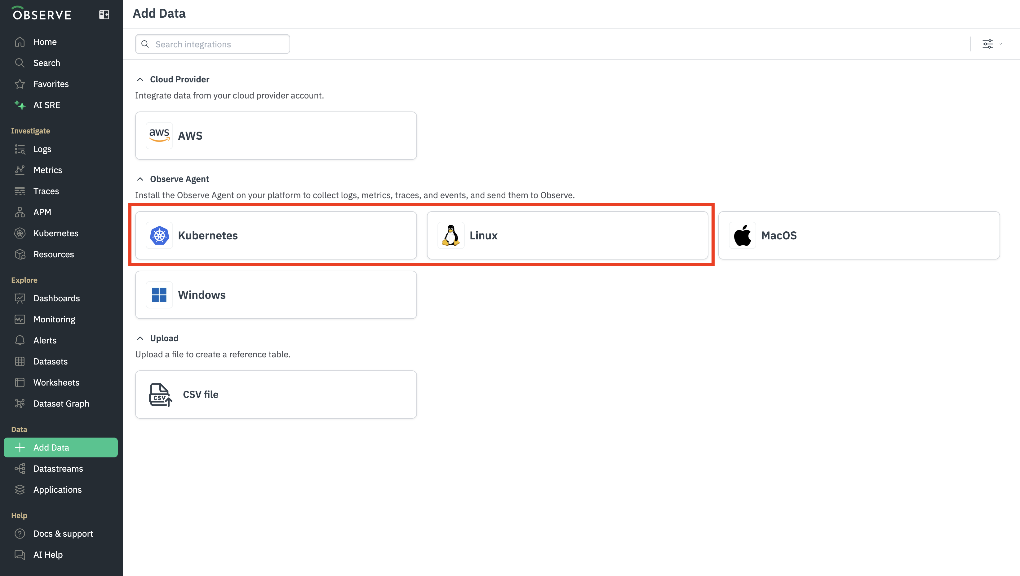 Select an environment in the Add Data portal