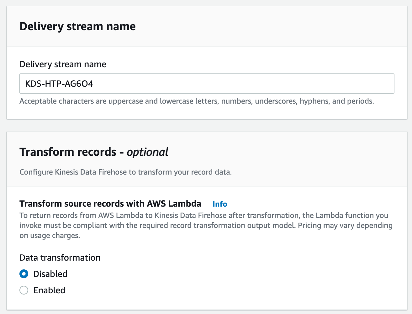 Kinesis Data Delivery Stream configuration, "Delivery stream name," and "Transform records."