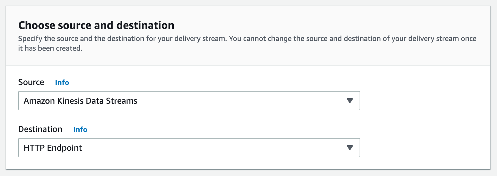 Kinesis Data Delivery Stream configuration, "Choose source and destination."
