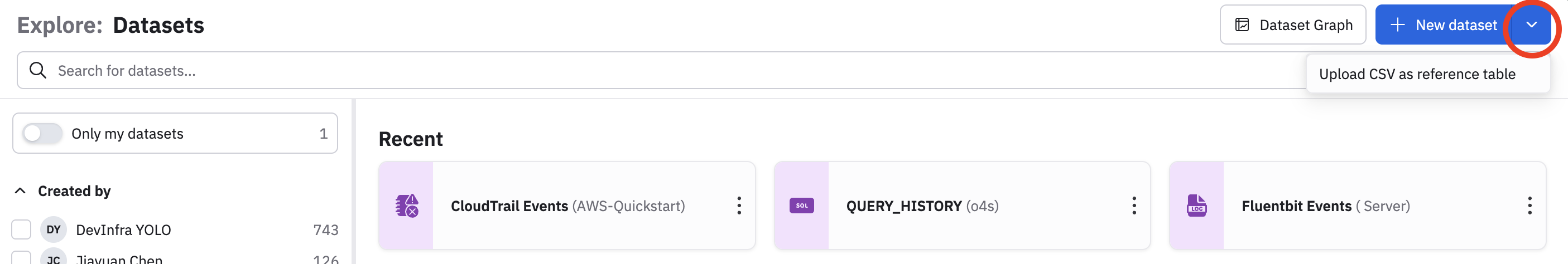 Create a reference table from the Dataset page