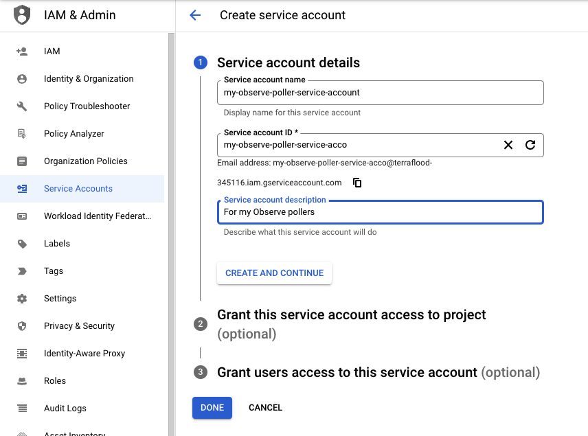 Service account setup for GCP integrations for Observe