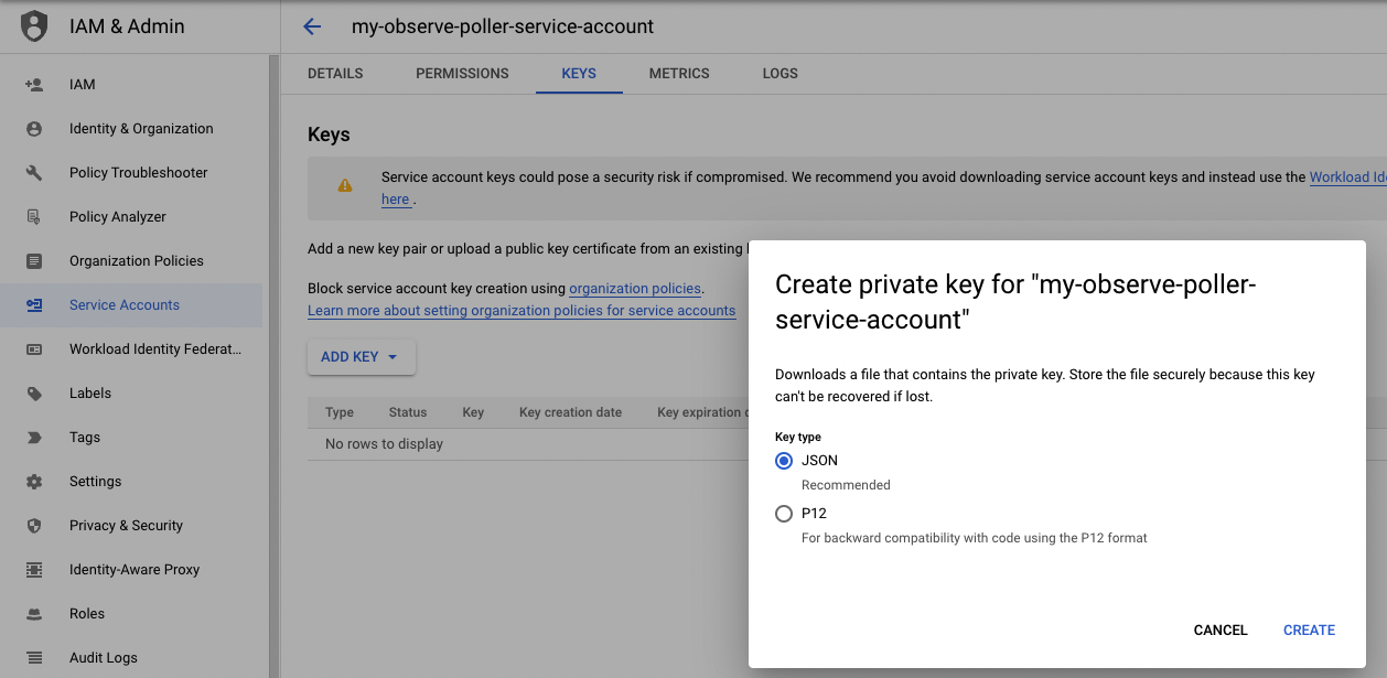 Service Account key setup for GCP integrations for Observe
