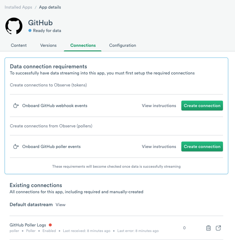 Github app connections tab displaying that there is an existing poller.