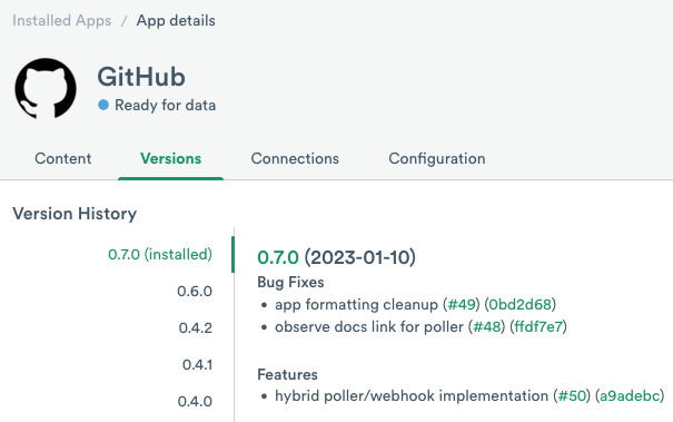 Github app versions tab displaying that the latest version of the app, version 0.7.0, is the currently installed version.