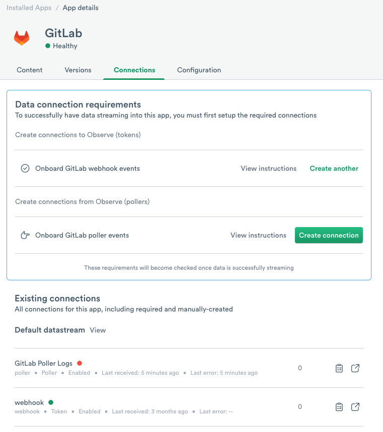 GitLab app connections tab displaying that there is an existing poller and webhook.