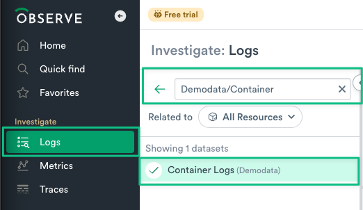 Search for demodata container logs