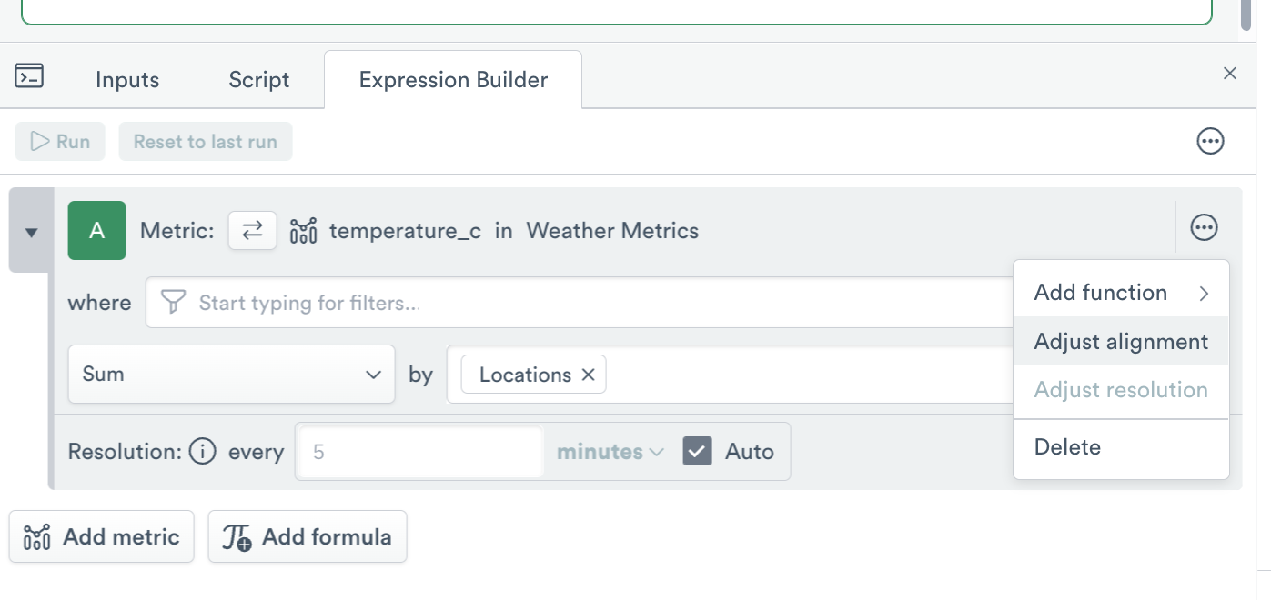 Metrics expression builder More menu, with Adjust alignment highlighted. The expression builder shows the Resolution section already expanded.