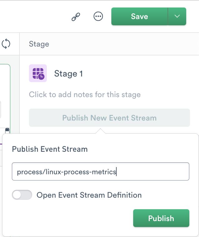 Right rail with the Publish Event Stream dialog open.