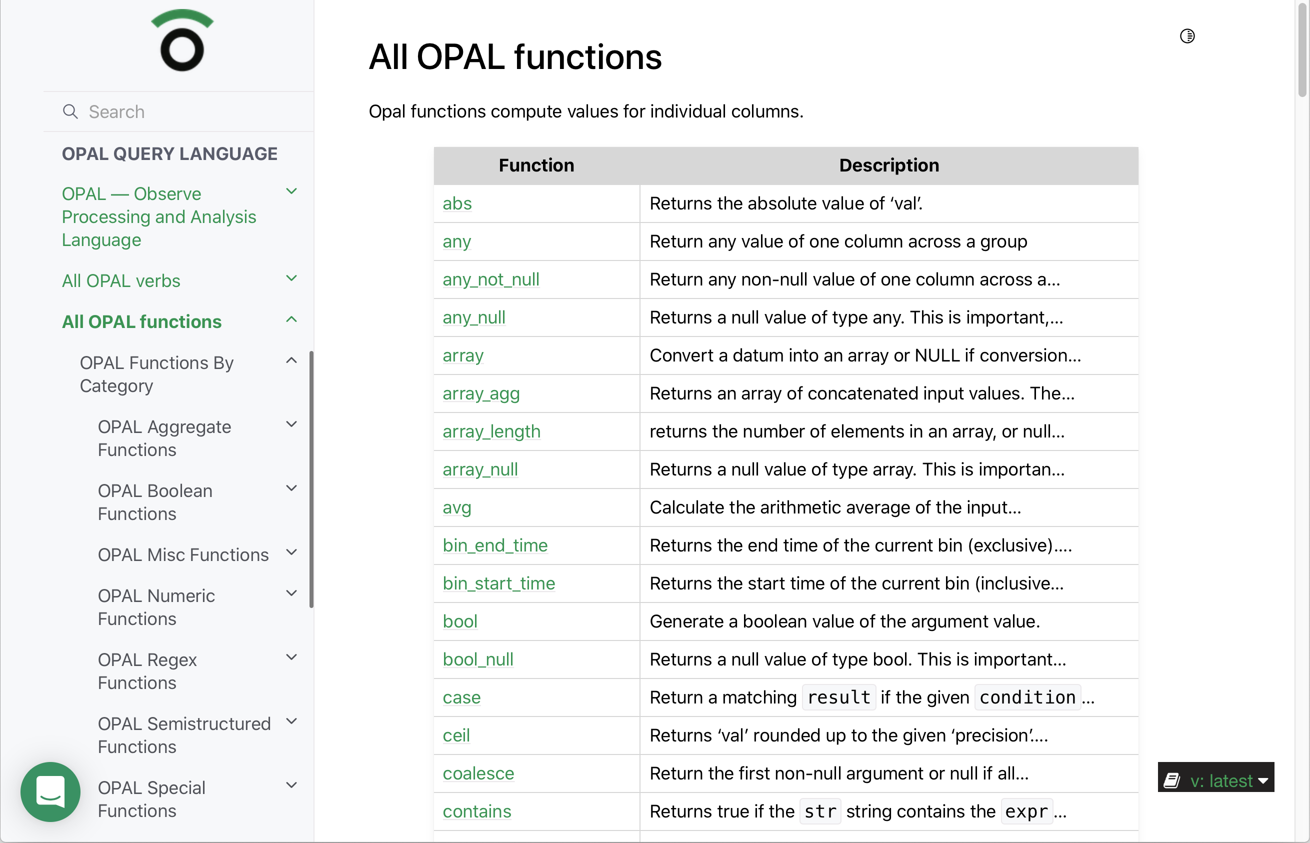 Observe docs site, with a table of all OPAL functions and nested links to function categories in the sidebar.