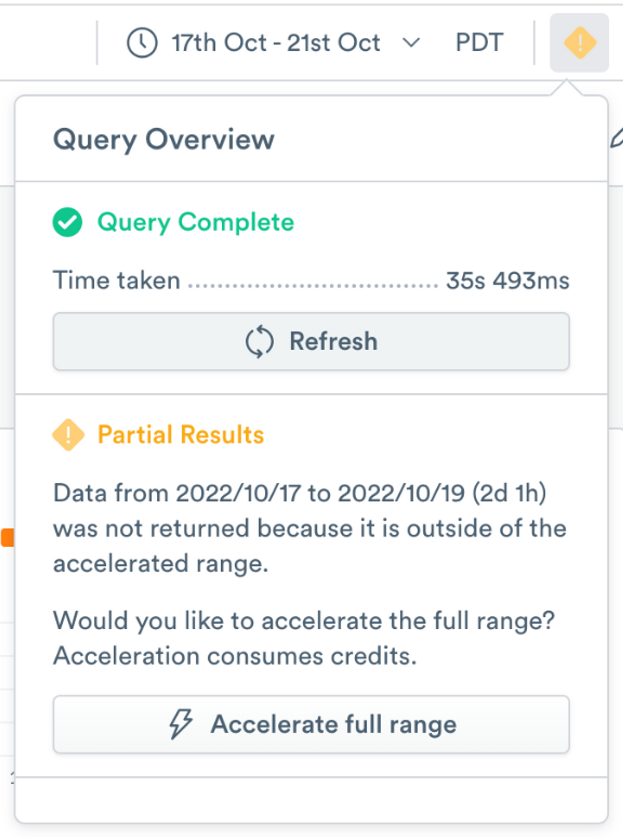 Query Overview dialog showing partial results. The Accelerate full range button is available.