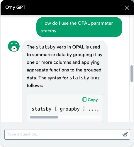 O11y GPT Help Response to "How do I use statsby?" question