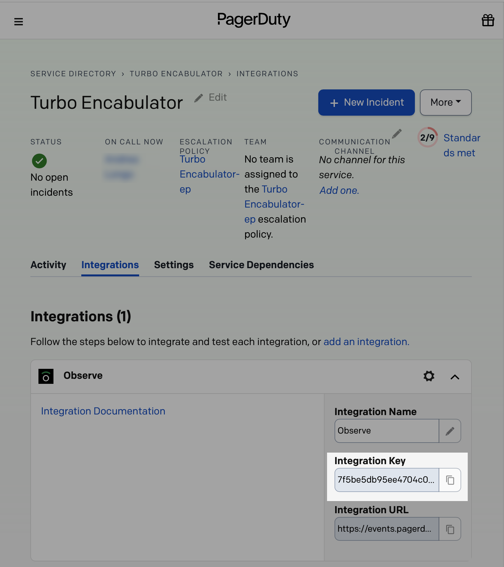 The PagerDuty Service directory (service name) Integrations page. In the Integrations tab, the Observe integration key is highlighted.