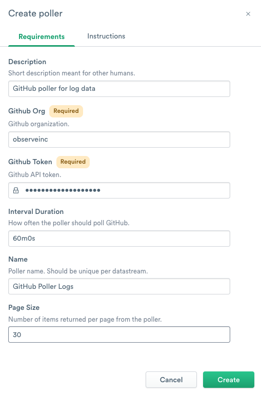 GitHub poller configuration page on the Observe website.