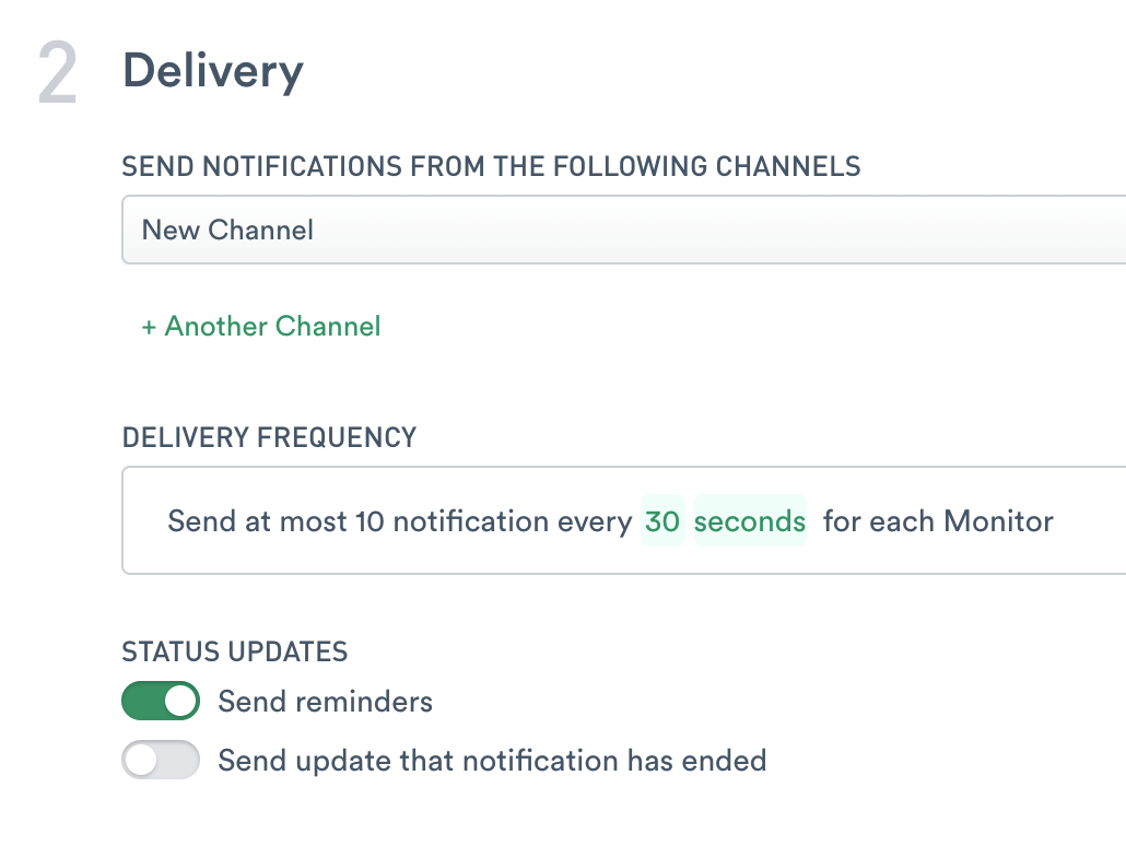 Channel Action Delivery section, with Send reminders selected in the Status Updates section.