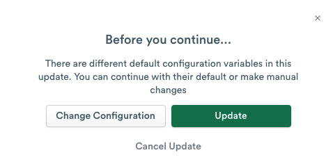 Github app update modal showing that default configuration variables have changed for the new update.