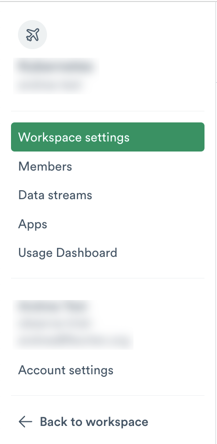 Workspace setting menu, showing link to Usage Dashboard