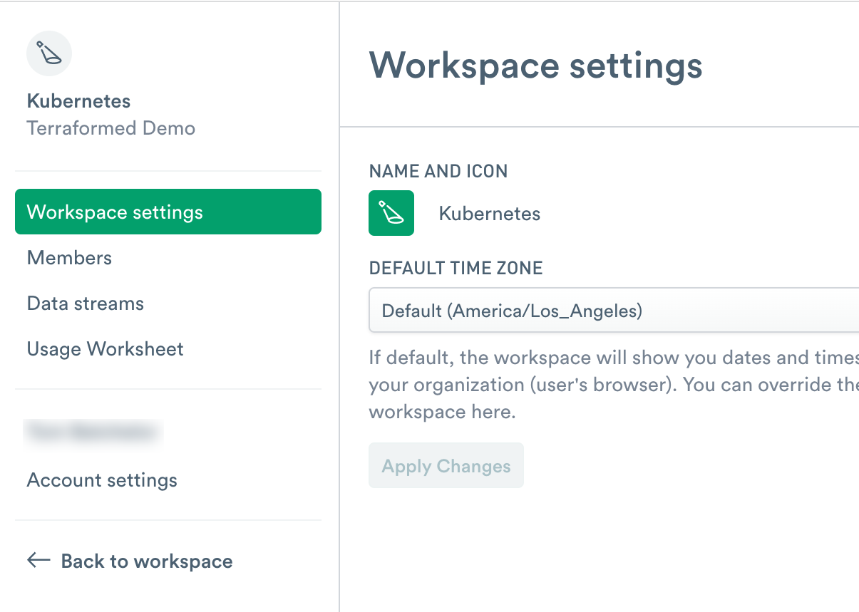 The Workspace Settings page, with Usage Worksheet in the left sidebar menu.