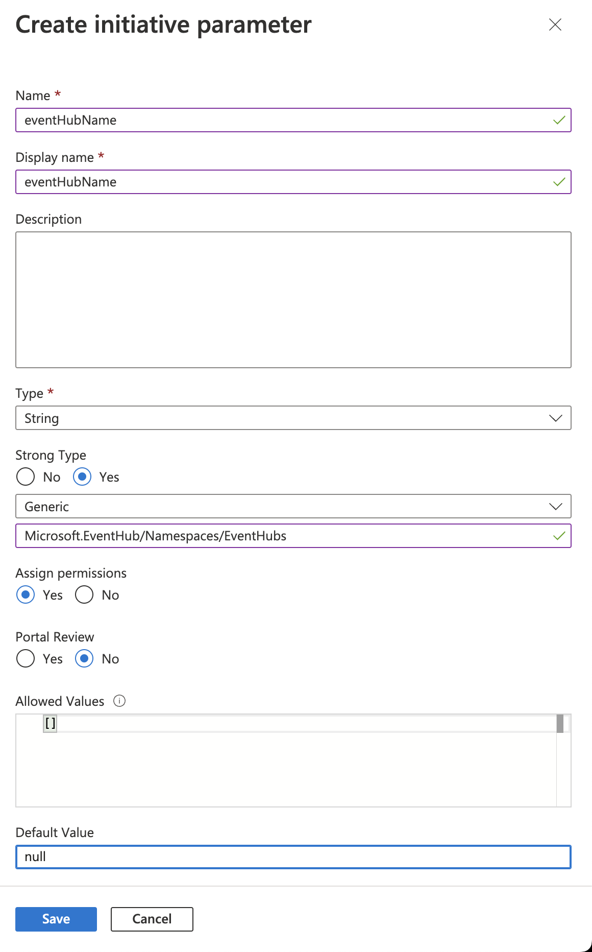 Initiative Parameter EventHub Name