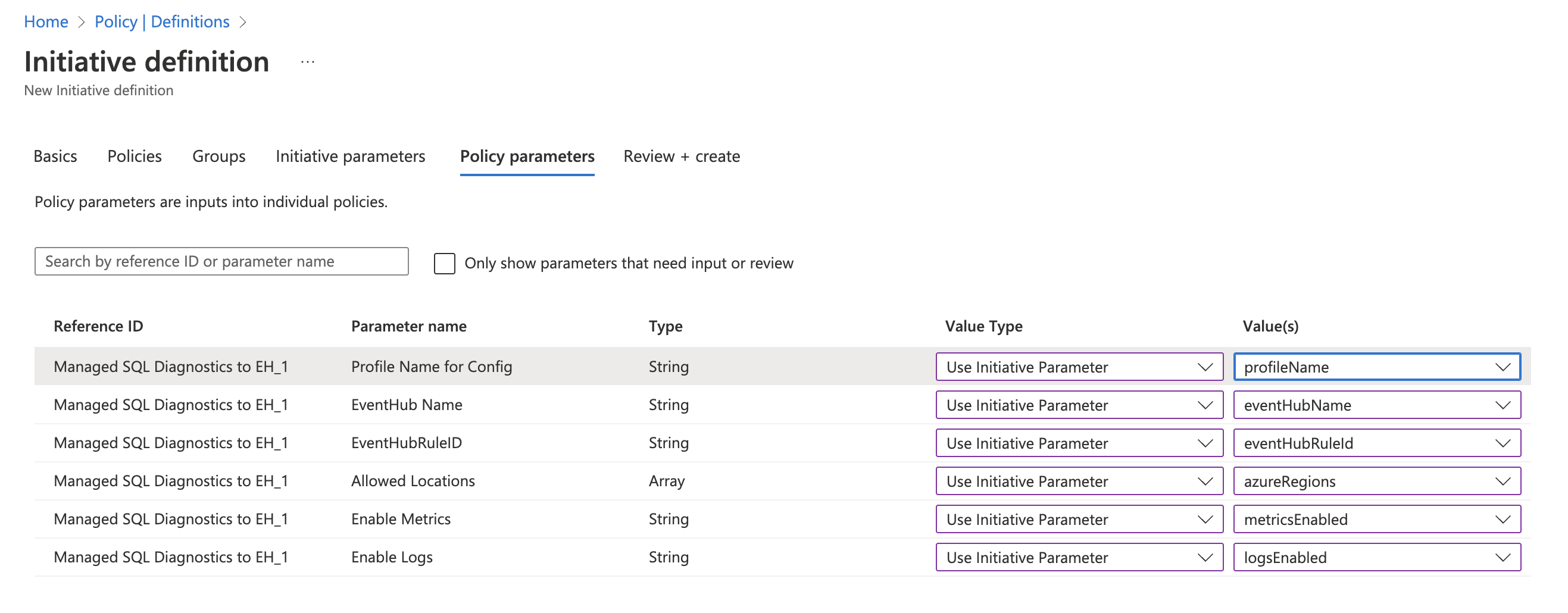 Initiative Policy Parameter Settings