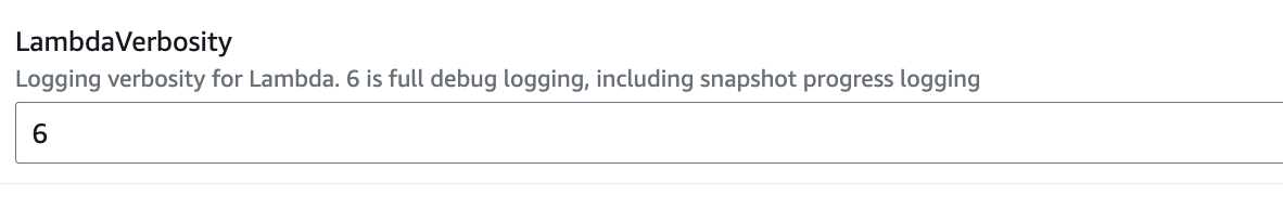 CloutFormation Configuration in the AWS Console. Set LambdaVerbosity to 6.