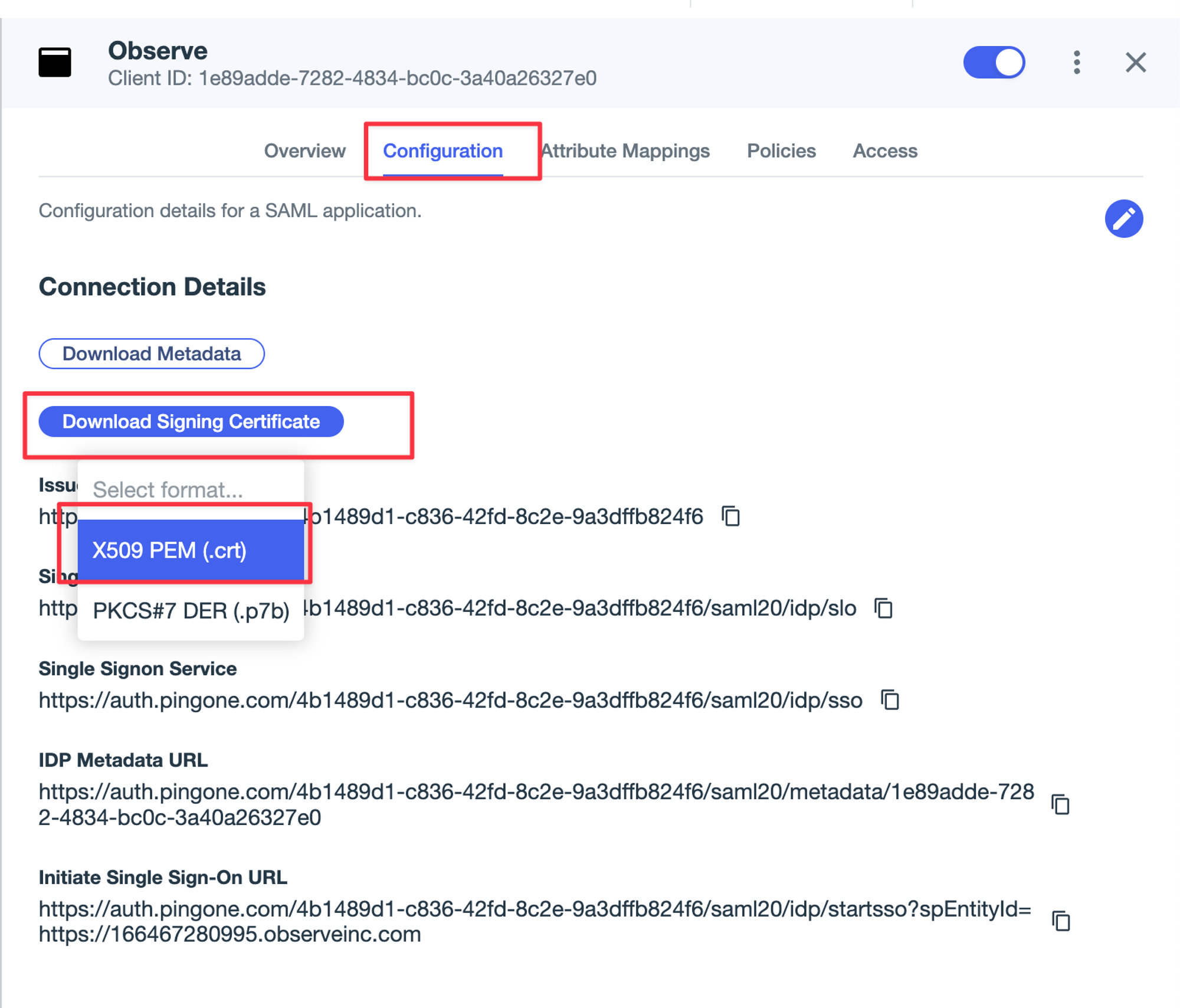 Observe SAML settings