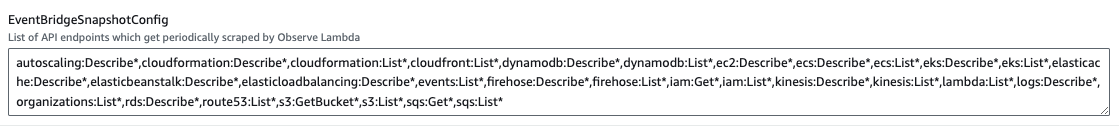 CloutFormation Configuration in the AWS Console. Remove `sns:Get*` and `sns:List*` from `EventBridgeSnapshotConfig`.