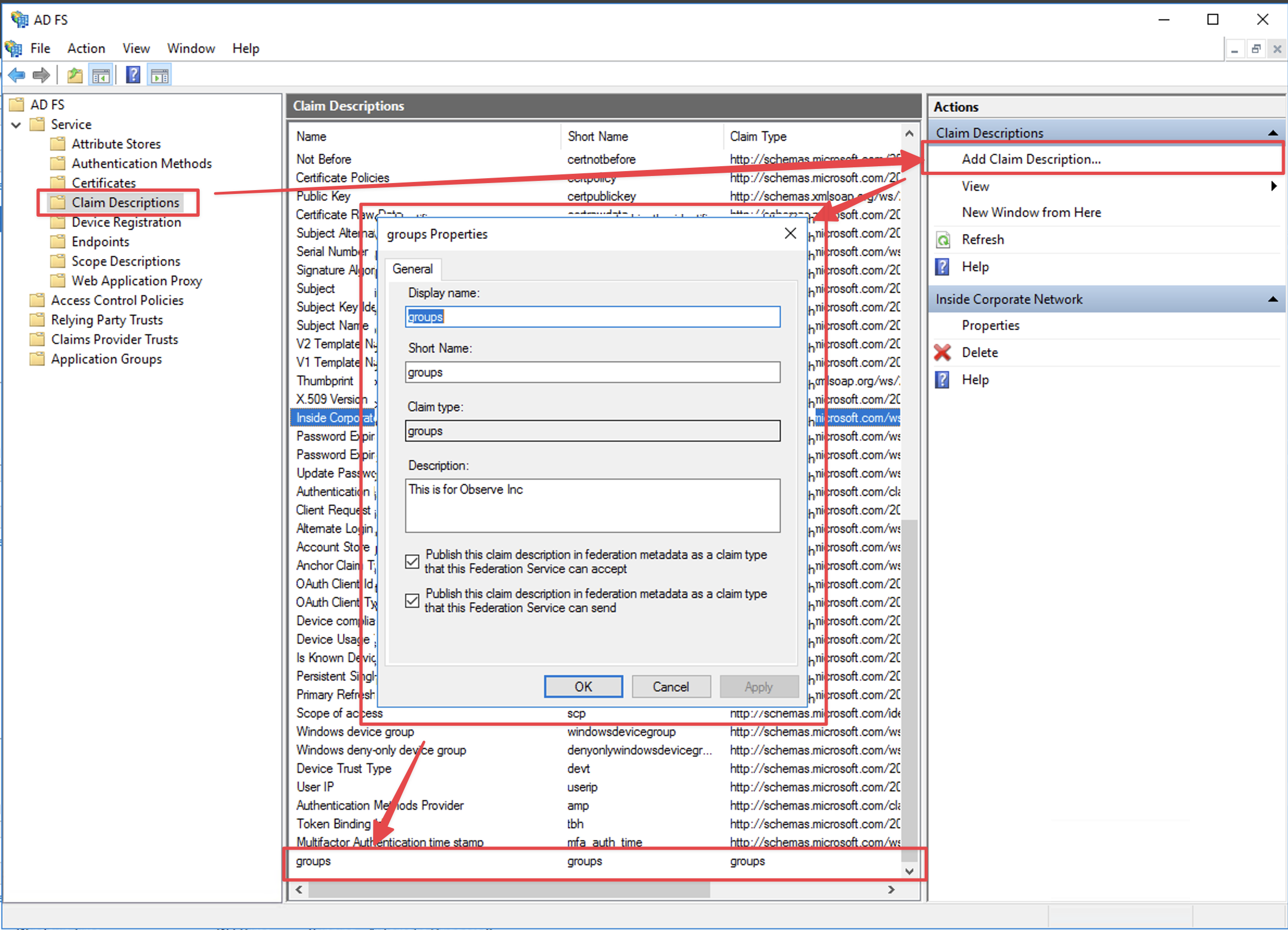 Observe ADFS group claim settings