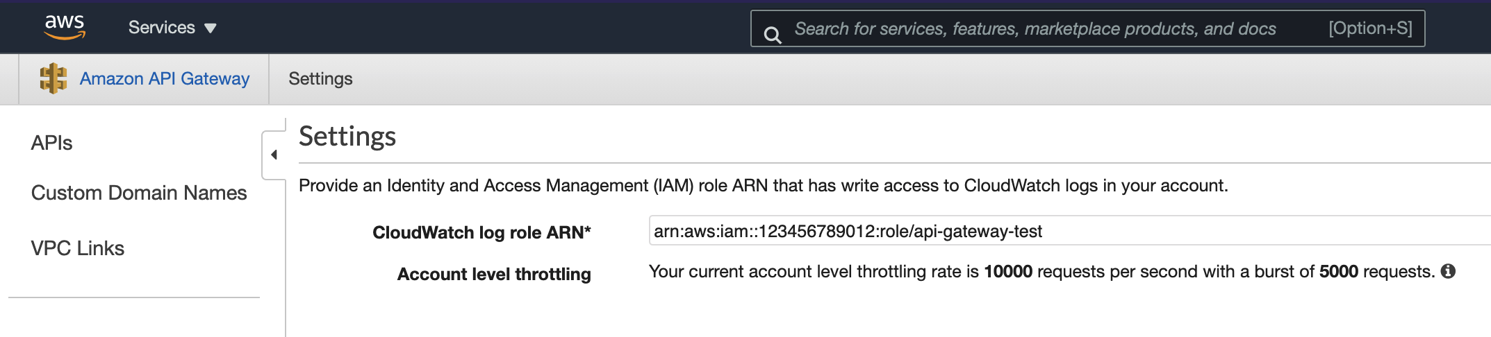 API Gateway settings showing the CloudWatch log role ARN configuration