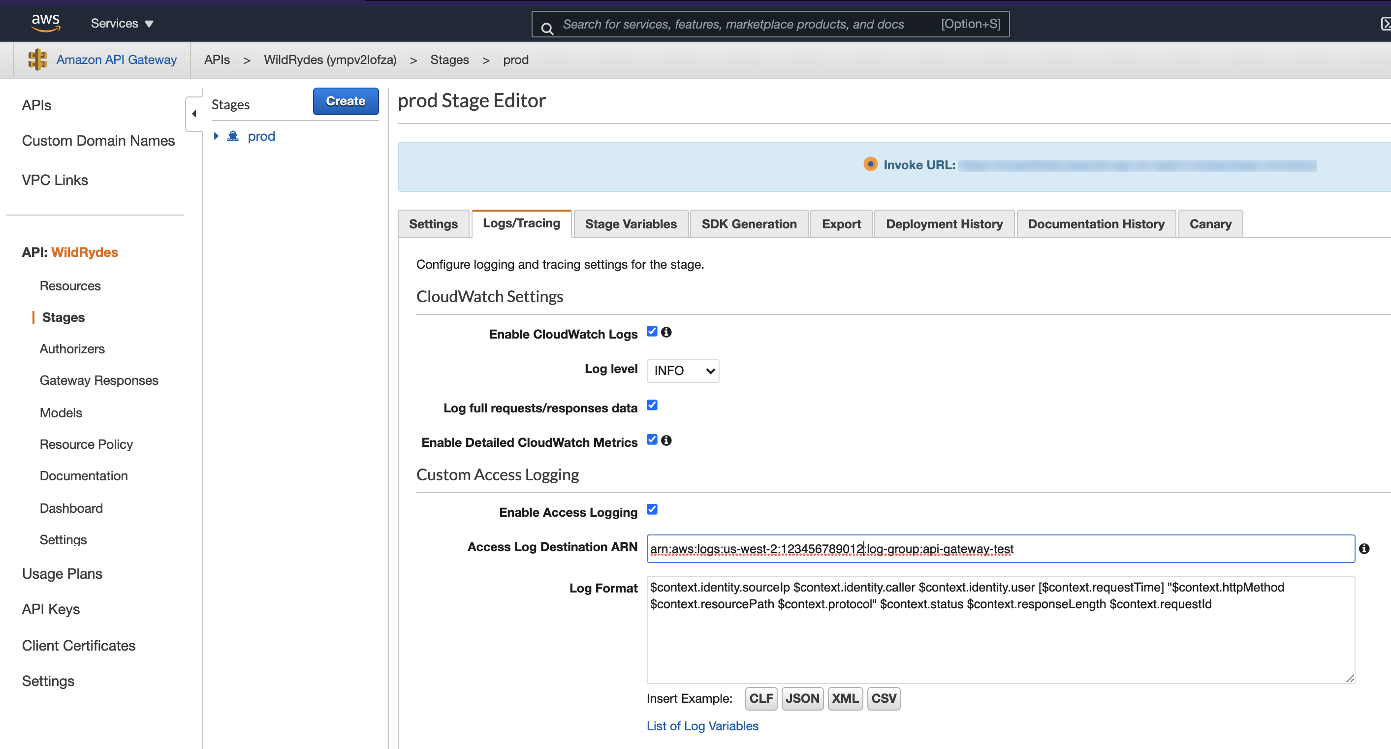 API Gateway console showing the Logs/Tracing tab for a stage named prod