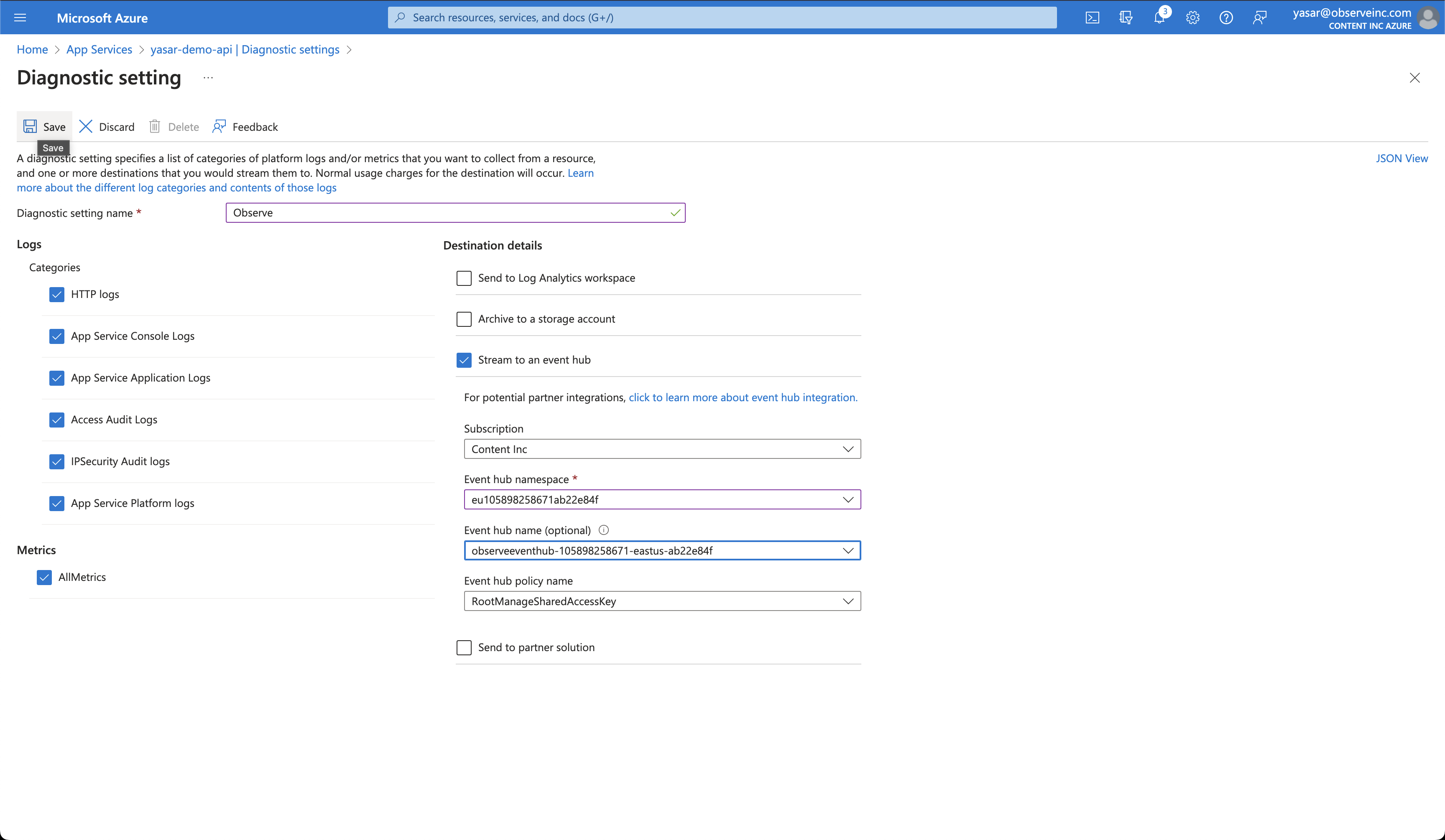 Add App Services Diagnostic Settings