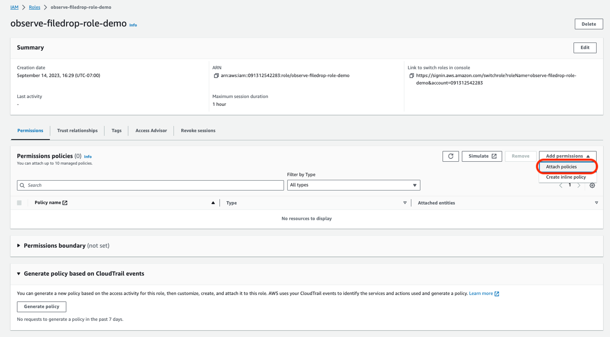 Attaching the Policy to the Filedrop Demo Role