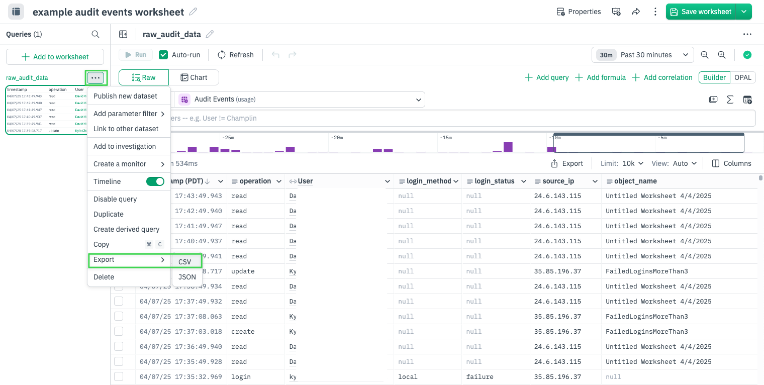 Export Audit Event Dataset From Worksheet