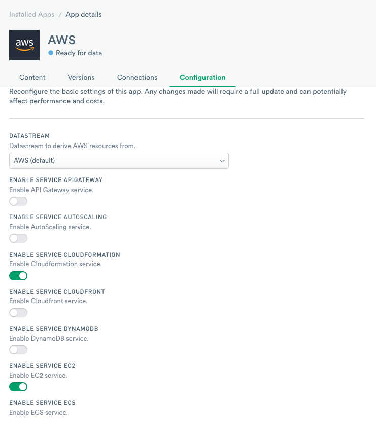 List of available AWS integrations for Observe