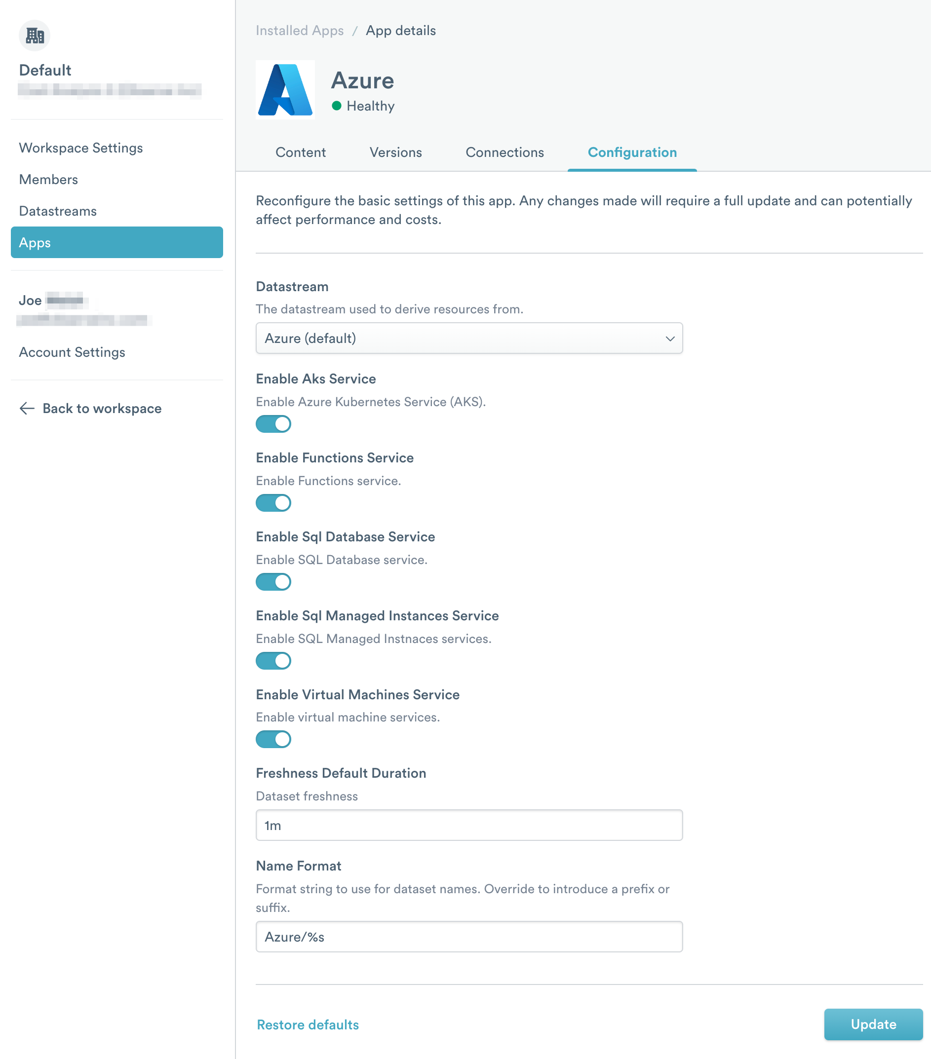 List of available Azure integrations for Observe