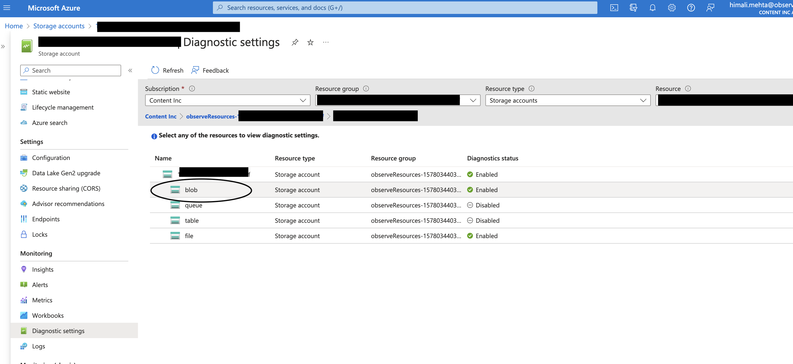 Blob Diagnostic Settings