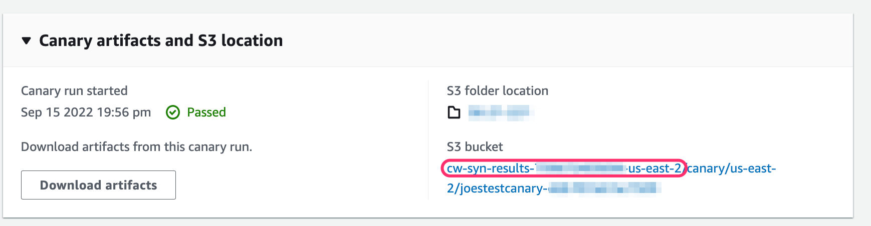 Canary artifacts S3 location