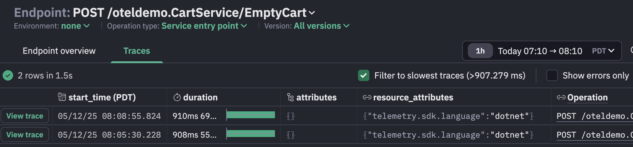 Slow traces for the EmptyCart endpoint