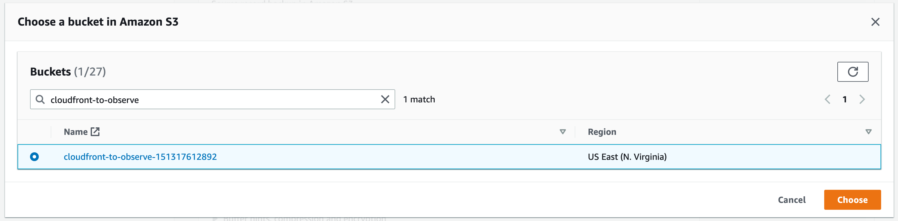 Kinesis Data Delivery Stream configuration, "Choose a bucket in Amazon S3." "cloudfront-to-observe" is selected.