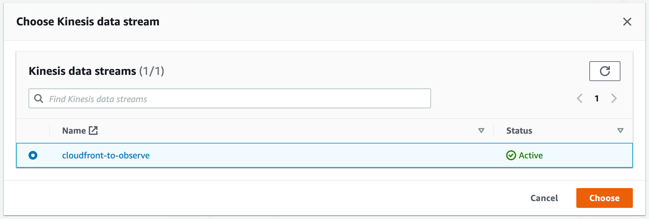 Kinesis Data Delivery Stream configuration, "Choose Kinesis data stream" with "cloudfront-to-observe" selected