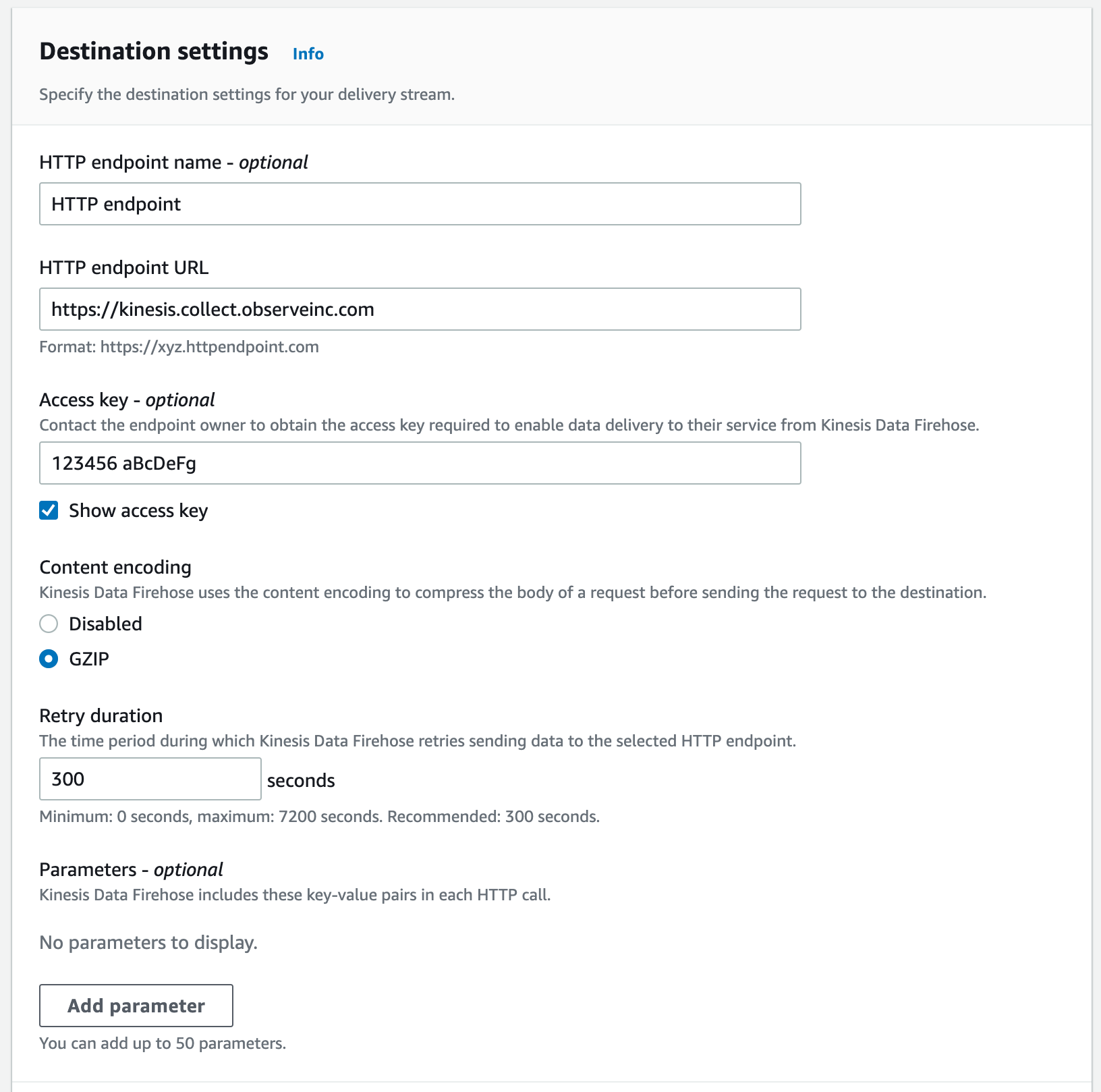 Kinesis Data Delivery Stream configuration, "Destination settings."