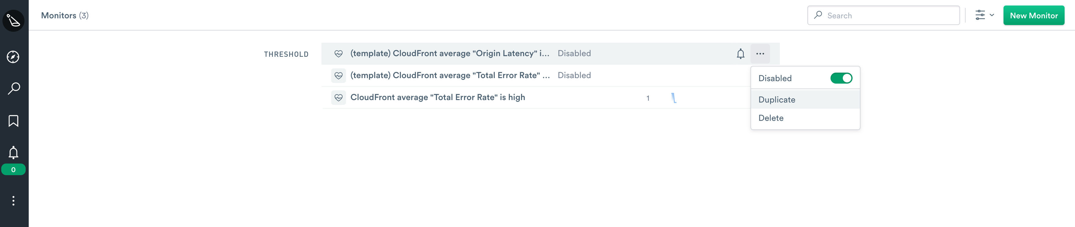 List of threshold monitors in Observe, showing several disabled "(template)" monitors. The menu for one of the monitors is open, with options for "Disabled", "Duplicate", and "Delete."