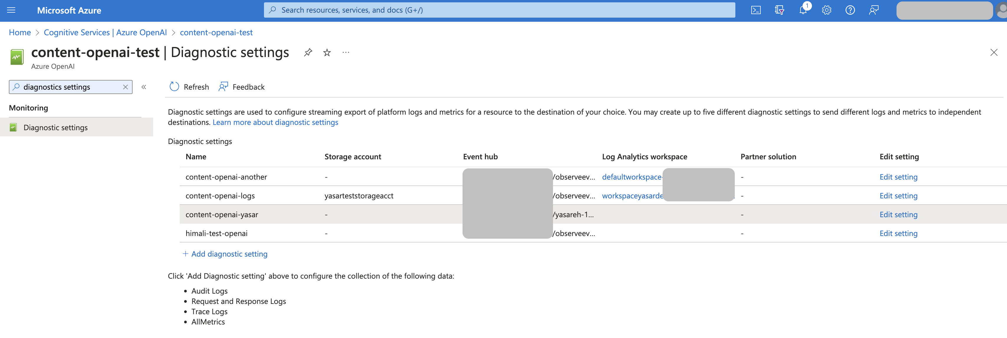 Add Diagnostics Setting for Cognitive Service