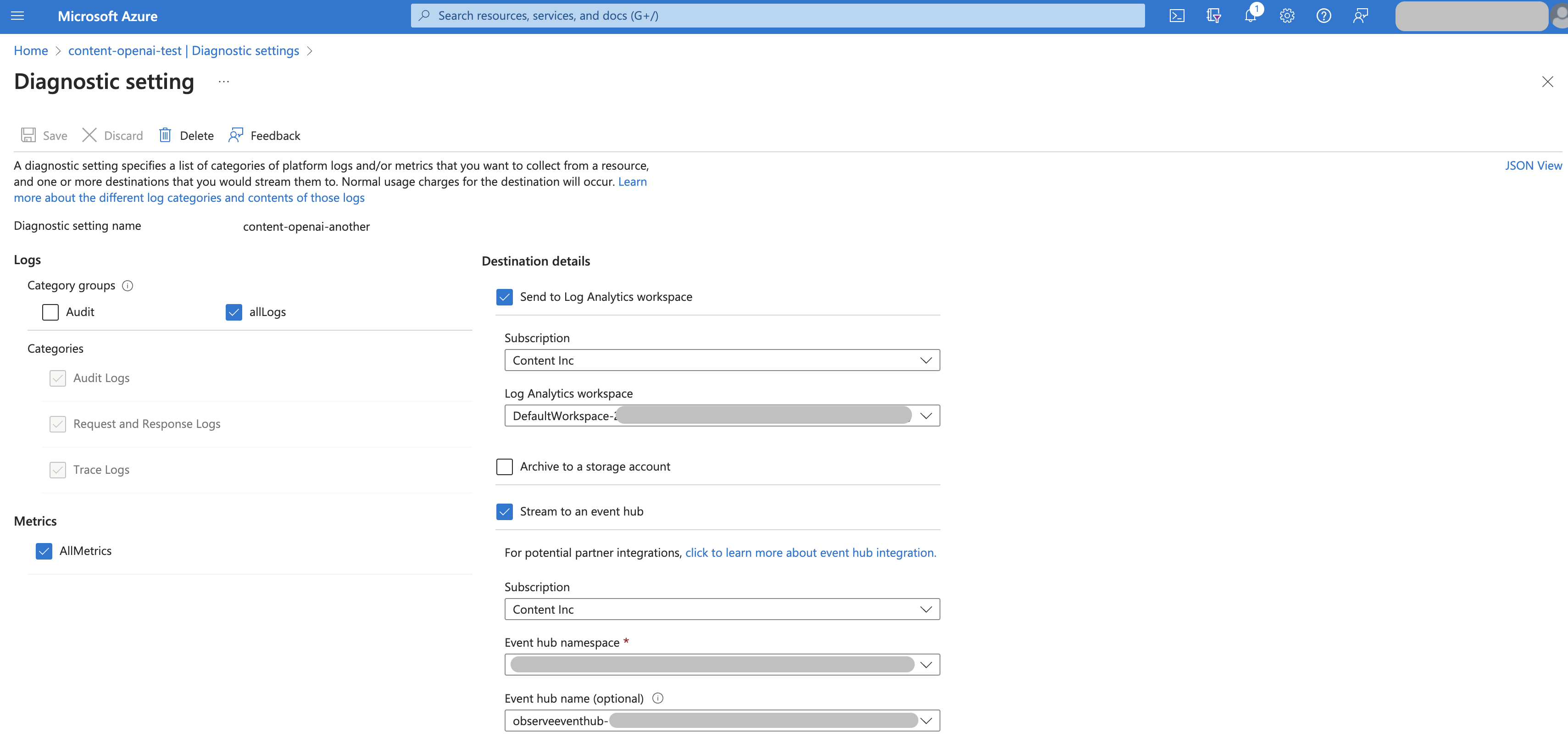 Save Diagnostics Setting for Cognitive Service
