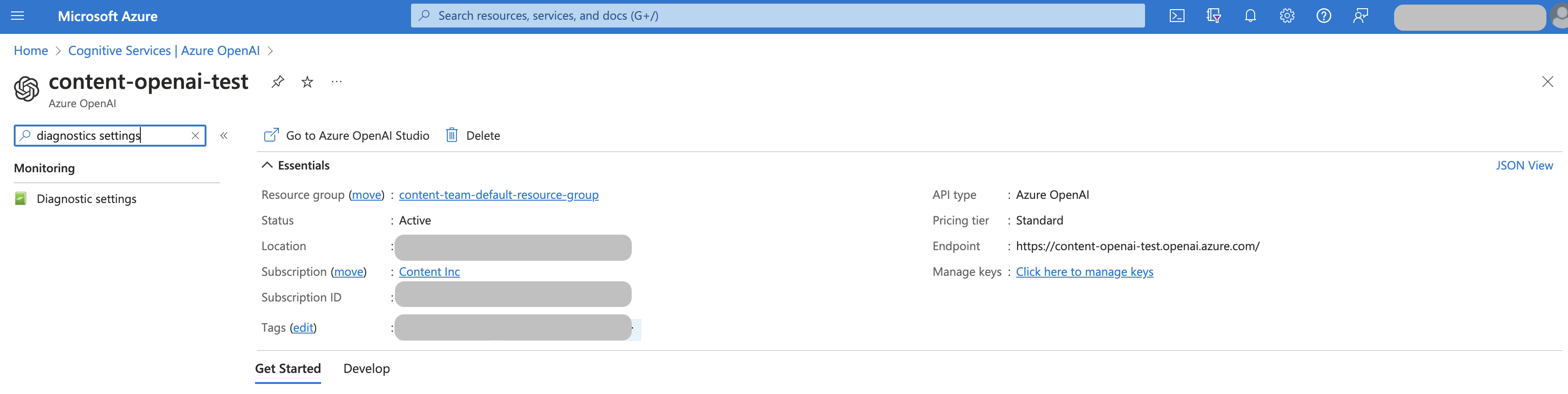 Select Diagnostics for Cognitive Service