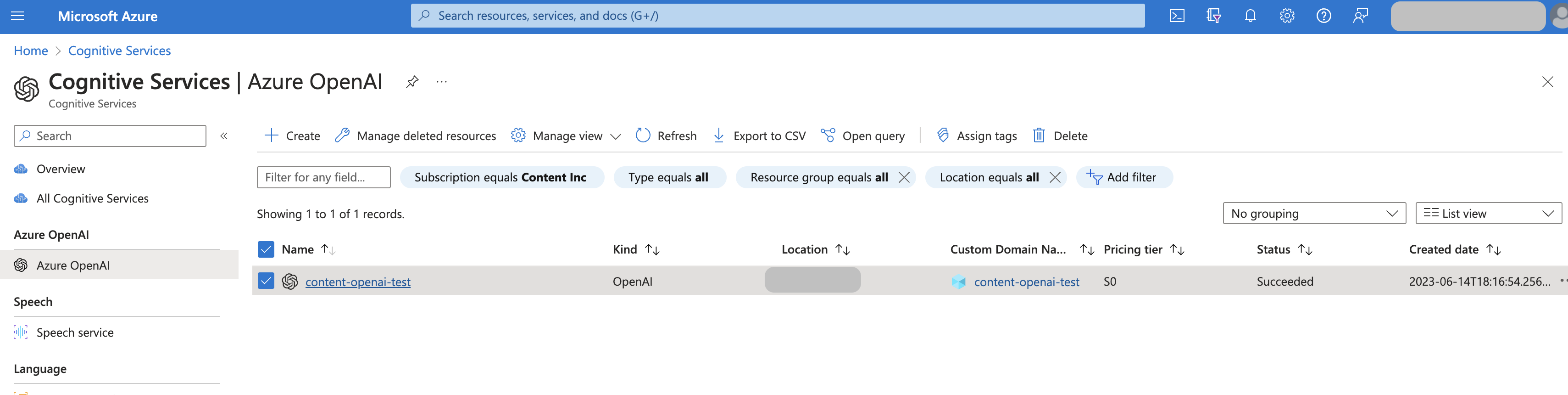 Select your Cognitive Services