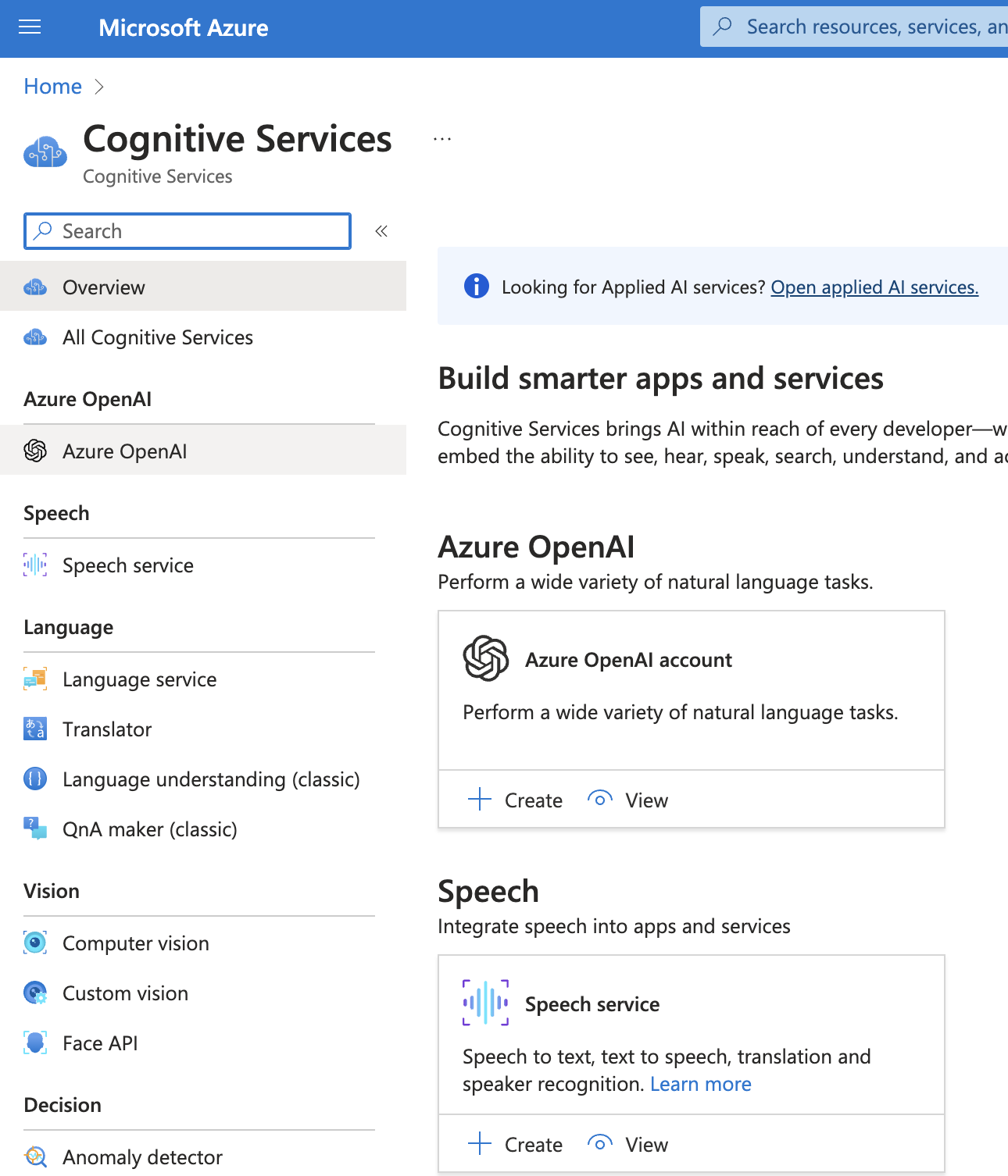 Select a Cognitive Services Type