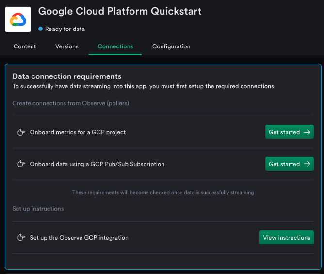 Connection for GCP integrations for Observe