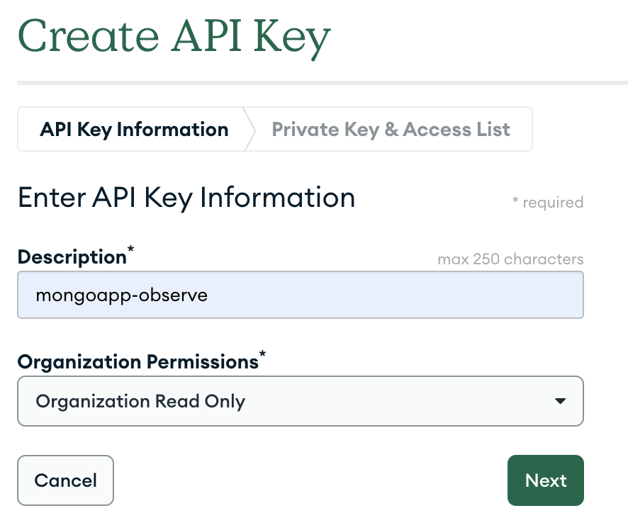 MongoDB Atlas Create API Key page